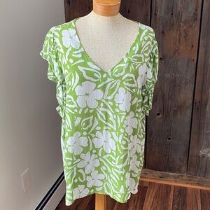 Rachel Zoe floral tropical v neck short flutter sleeve green sheer rayon Sz 1X